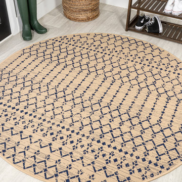 Ourika Moroccan Geometric Textured Weave Indoor/outdoor Round Rug